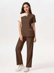 TaskEZ Medical Pajama Uniform Set With Short Sleeve V-Neck Top And Contrasting Pants - Brown - View 1