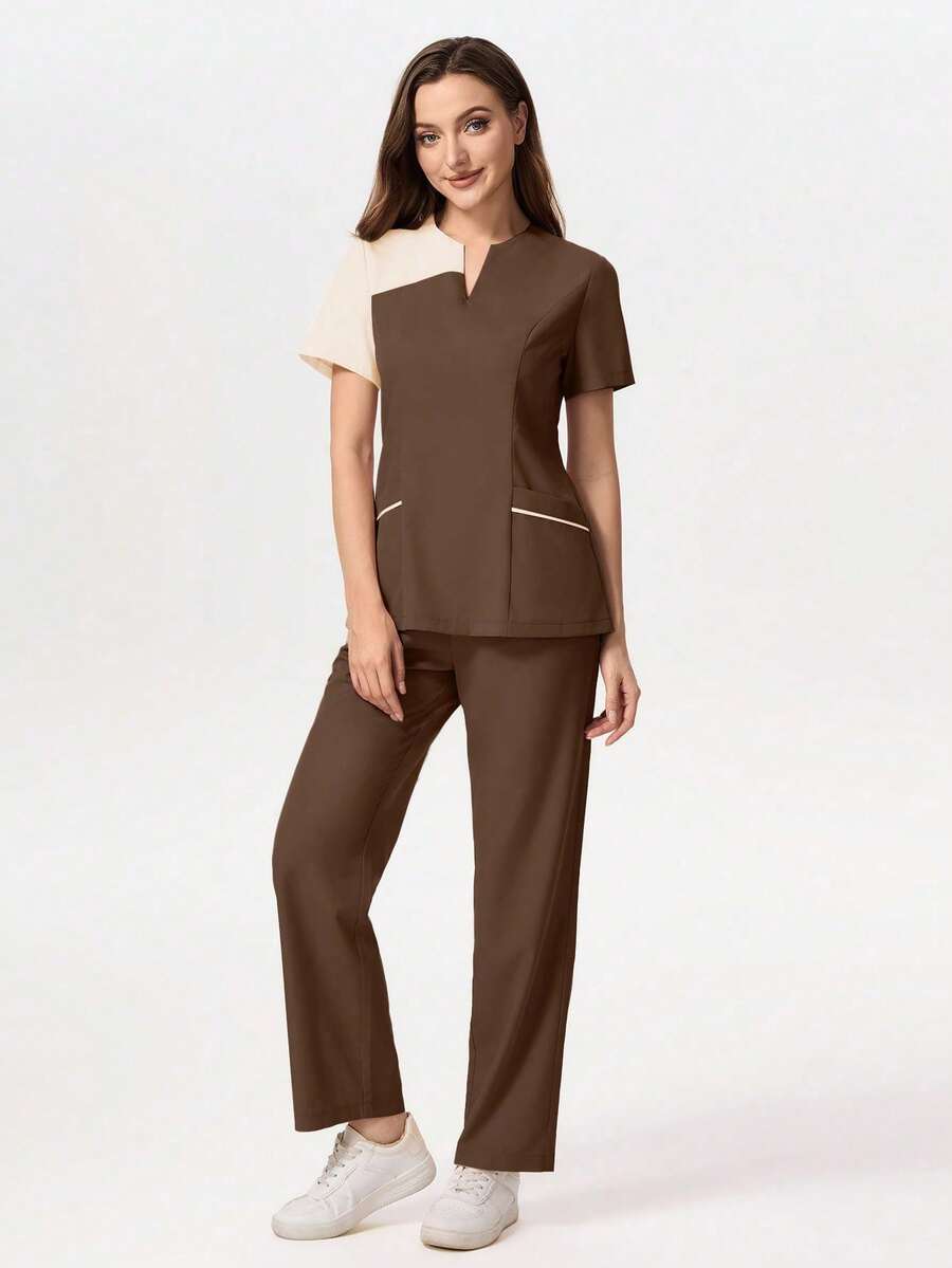 TaskEZ Medical Pajama Uniform Set With Short Sleeve V-Neck Top And Contrasting Pants - Brown - View 1