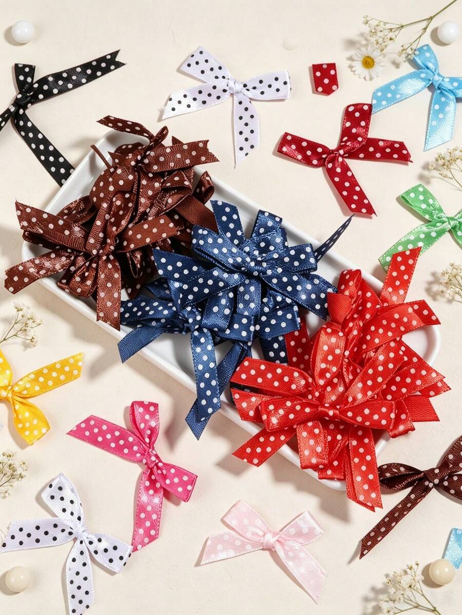 (50 Pieces/Bag) Satin Polka Dot Bows, 4cm Ribbon Bow With Various Colors For Gift Decoration And Making Hairpin Headwear, DIY