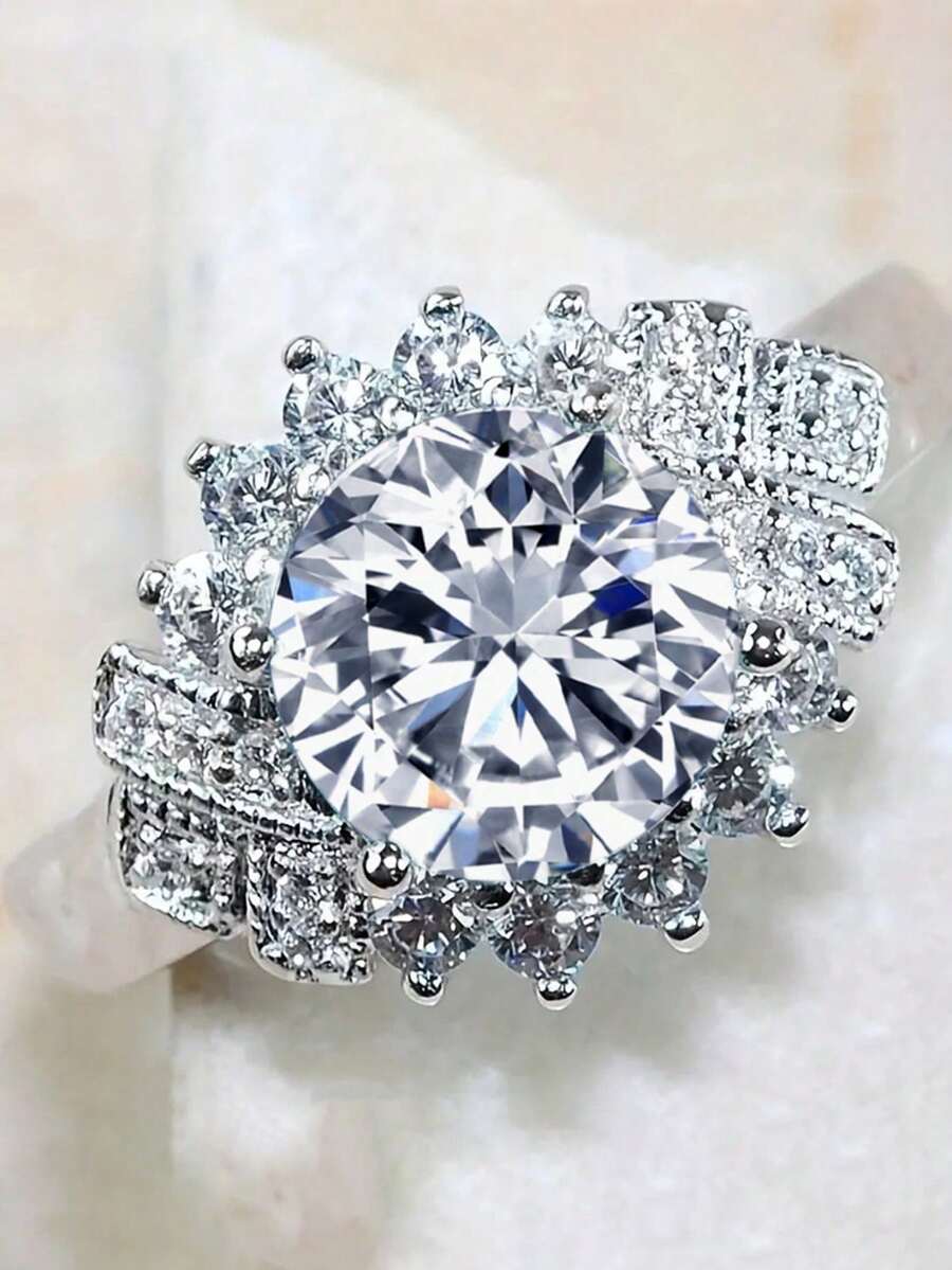 1件時尚立方鋯石戒指,女性婚禮訂婚派對情人節禮物 - 銀色+白色 - 查看 1