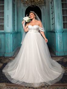QOQ Romantic Elegant Plus Size Patchwork Tulle Off-Shoulder Wedding Dress - White - View 3