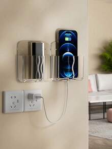 1pc Wall-Mounted Remote Control And Phone Holder, Drill-Free Charging Stand, Transparent Design Storage Box, Suitable For TV And Air Conditioner Remotes, Space-Saving Storage Organizer Rack - Multicolor - View 5