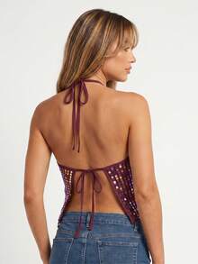 Women Fashion Sequin Tank Tops Trendy Halter Neck Sleeveless Open Back Summer Vest for Party - Burdeos - Ver 6