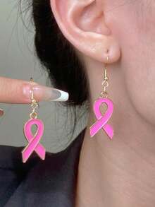 1 Pair Fashionable Elegant Ribbon Heart Pink Earrings, Women's Earrings, Accessories Caring For Women's Health Breast Cancer Prevention Activity Commemorative Gift Jewelry, Suitable For Daily Wear, Gift For Family And Friends - Pink - View 3