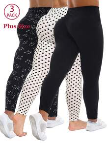 3packs Spring Summer Women Plus Size Black Leggings With Polka Dot Pattern Printed Legging Molded Hip Lifting Yoga Tights Outdoor Sports Vacation Fall - Multicolor - View 1