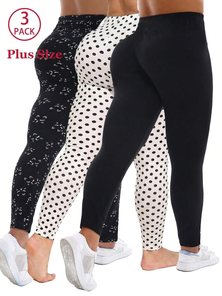 3packs Spring Summer Women Plus Size Black Leggings With Polka Dot Pattern Printed Legging Molded Hip Lifting Yoga Tights Outdoor Sports Vacation Fall - Multicolor - View 1