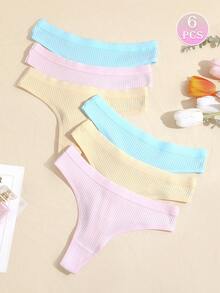 6 قطع/مجموعة سراويل داخلية مضلعة مريحة بتصميم ثونغ G-String T-Back بدون خياطة، سراويل داخلية نسائية مثلثة مثيرة ومريحة - متعدد الألوان - مشاهدة 9