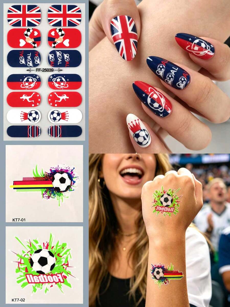 1 Set Fan Celebration Kit, British Football Style Nail Stickers + Graffiti Tattoo Stickers, Match Fan Party Atmosphere Support Tool, DIY Nail Art Stickers And Body Decoration Stickers