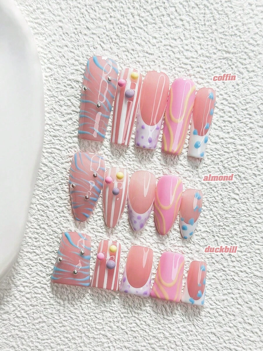 10片甜酷風手工穿戴甲,Polygel美甲套組,珍珠球裝飾,藍色、粉色與紫色指甲油,馬卡龍波點設計,含美甲工具,3種尺寸可選,杏仁形、鴨嘴形、棺材形,適合派對、跳舞、日常配戴 - 彩色 - 查看 1