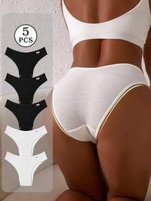 paquete de 5 bragas acanaladas para mujer, con diseño de letras de unicolor y alta elasticidad, de talle bajo - Blanco y Negro - Ver 3