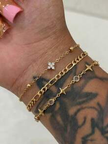 3 piezas/Set Pulsera de cadena multicapa con decoración de flor de cuatro hojas de strass de moda, versátil para citas y uso diario, todas las estaciones, regalo para mujeres, amigas y familia - Dorado - Ver 1