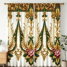 Amerikanischer Stil 2er/Set, luxuriöse goldgrüne Blumenmuster Vorhänge, bedruckte Polyester Vorhänge, geeignet für Wohnzimmer, halbtransparent maschinenwaschbar, Vorhänge mit Stangendurchzug, ungefütterter Stoff, geeignet für alle Jahreszeiten - Verschiedenfarbig - Übersicht 8