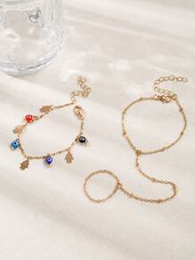2pcs/Set Gold-Tone Copper Material Linked Bracelet With Mysterious Demon Eye Tassel Hand Chain, Charming Women's Jewelry Suitable For Daily Wear And Party/Vacation Occasions, Colorful Beads On Handmade Chain Are Randomly Distributed - Multicolor - View 2