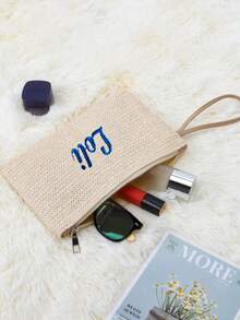 Personalized Embroidered Straw Makeup Bag, Lightweight Bohemian Style Straw Clutch, Bridal Party Gift, Gift For Her, Customized Toiletry Bag, Customized Embroidered Name, Customized Makeup Bag Organizer, Letter Embroidered Makeup Bag, Bridesmaid Gift Box, Suitable For Beach Vacation - Multicolor - View 11
