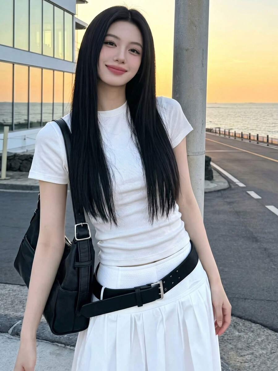 [Y6Y]女款黑色小圓領標準肩短袖T恤，休閒百搭修身簡約上衣，夏季白色 - 白色 - 查看 1