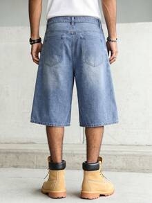 Men's Loose Fit Denim Shorts, Light Blue Washed Mid-Length Denim Shorts, Casual Street Style Loose Fit Denim Shorts - Light Wash - View 5