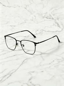 1 Pair Men's Classic Black Frame Thin Metal Square Glasses, Lightweight Comfortable Plain Lens, Business Office Decorative Frame, Versatile - Clear - View 1