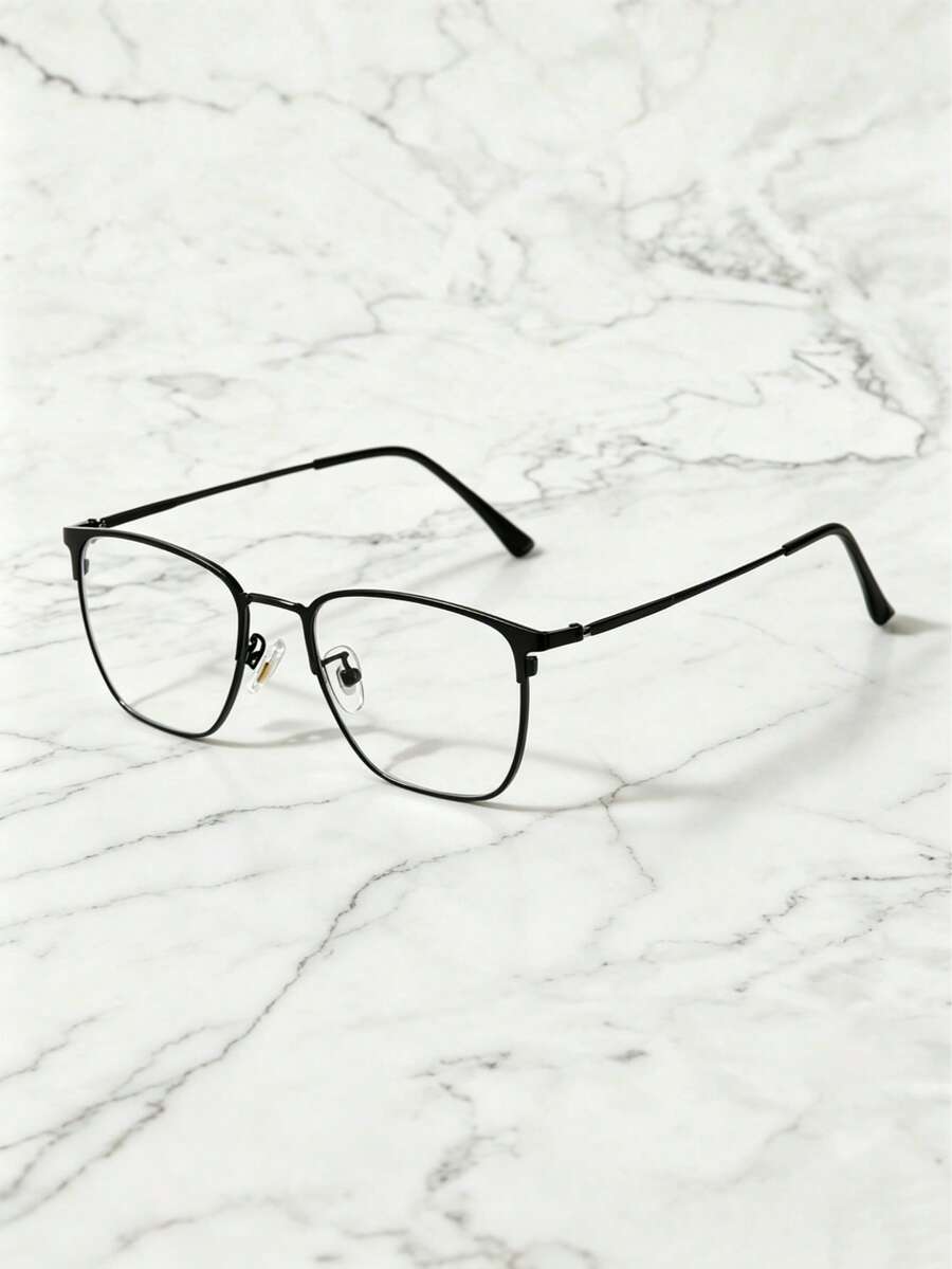 1 Pair Men's Classic Black Frame Thin Metal Square Glasses, Lightweight Comfortable Plain Lens, Business Office Decorative Frame, Versatile - Clear - View 1