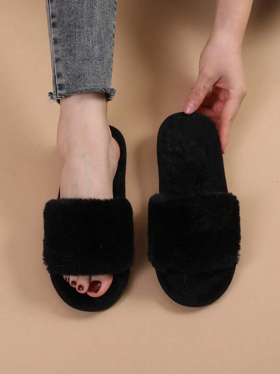 Zapatillas de dormitorio minimalistas y peludas de color negro para otoño/invierno, zapatillas esponjosas