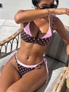 Women's Retro Polka Dot And Striped Bikini Swimsuit, Casual And Fashionable For Vacation, Music Festivals, Cup Races, Kentucky Derby, Summer Beach. - 咖啡粉 - 查看 1