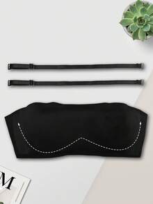 1件女性無縫薄罩杯無肩帶抹胸內衣，聚攏防下垂無鋼圈胸罩，平胸設計 - 黑色 - 查看 1