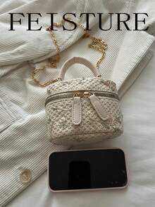 Mini Embroidered Chain Bag, Handheld Bucket Bag, Suitable For Girls, Women, College Students, New Professionals And White-Collar Workers, Perfect For Work, Business, Commuting, School - White - View 3