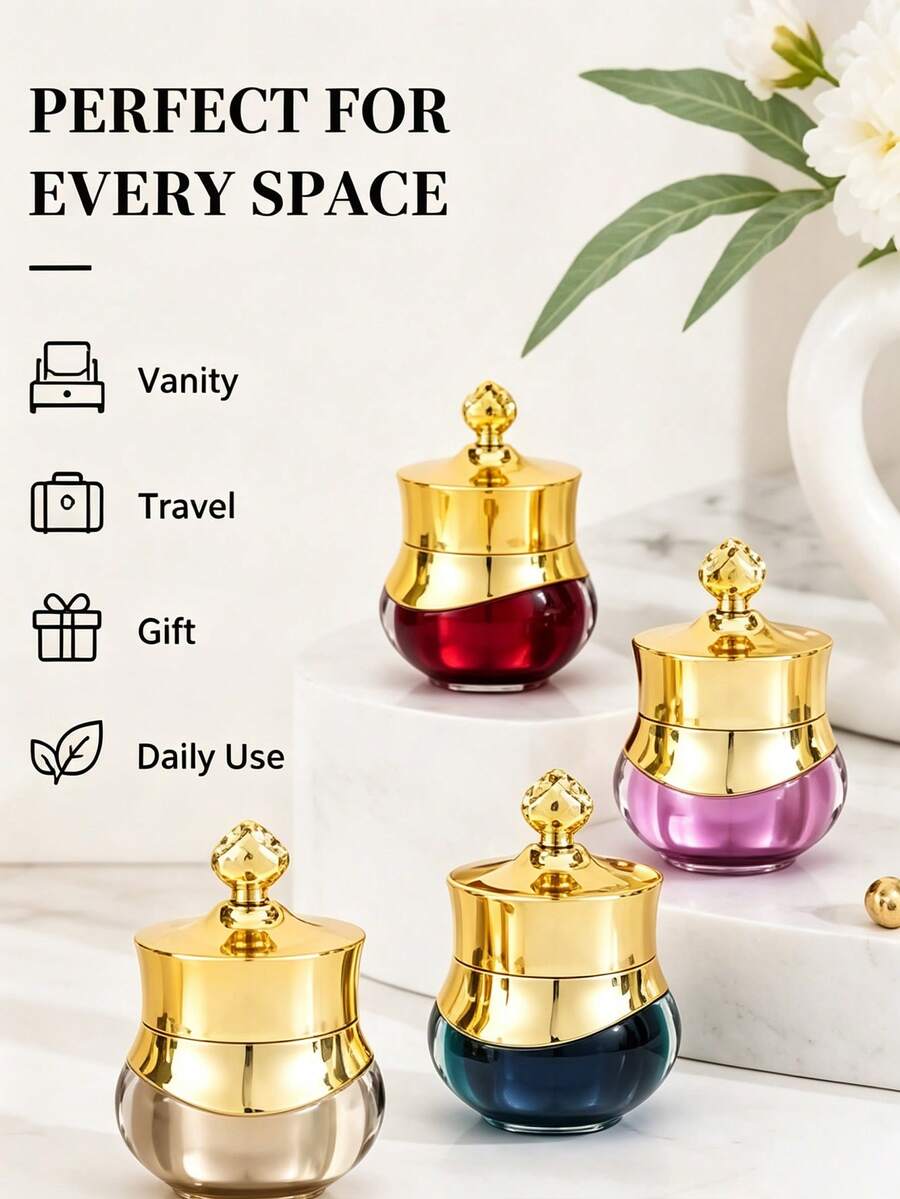1Pc Mini Leak-Proof Cream Jar With Crystal Gold Lid, Airtight Refillable Cosmetic Container For Travel & Daily Skincare - View 1