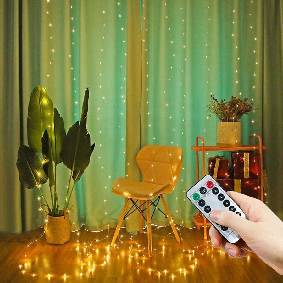 1pc USB Powered Curtain Lights, 8 Functions LED Atmosphere String Lights For Indoor Holiday Lighting, Wedding, Birthday Party, Bedroom, Window, Living Room, Background Wall Decoration (Remote Control Without Battery)