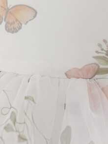 Baby Girls Puff Sleeve Beaded Bow Print Organza Cute Flower Girl Dress, Suitable For Party, Outdoor Outing, Evening Event, Fabric Pattern Random Cut, Headband Not Included - Multicolor - View 8