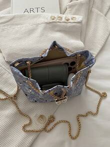 Mini New Fashion Straw Woven Gold Chain Drawstring Bucket Bag Beach Bag - Blue - View 9