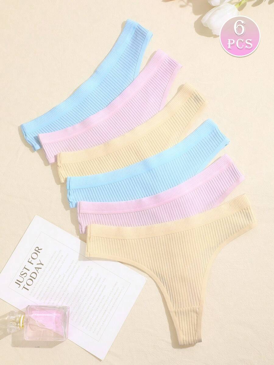 6 قطع/مجموعة سراويل داخلية مضلعة مريحة بتصميم ثونغ G-String T-Back بدون خياطة، سراويل داخلية نسائية مثلثة مثيرة ومريحة