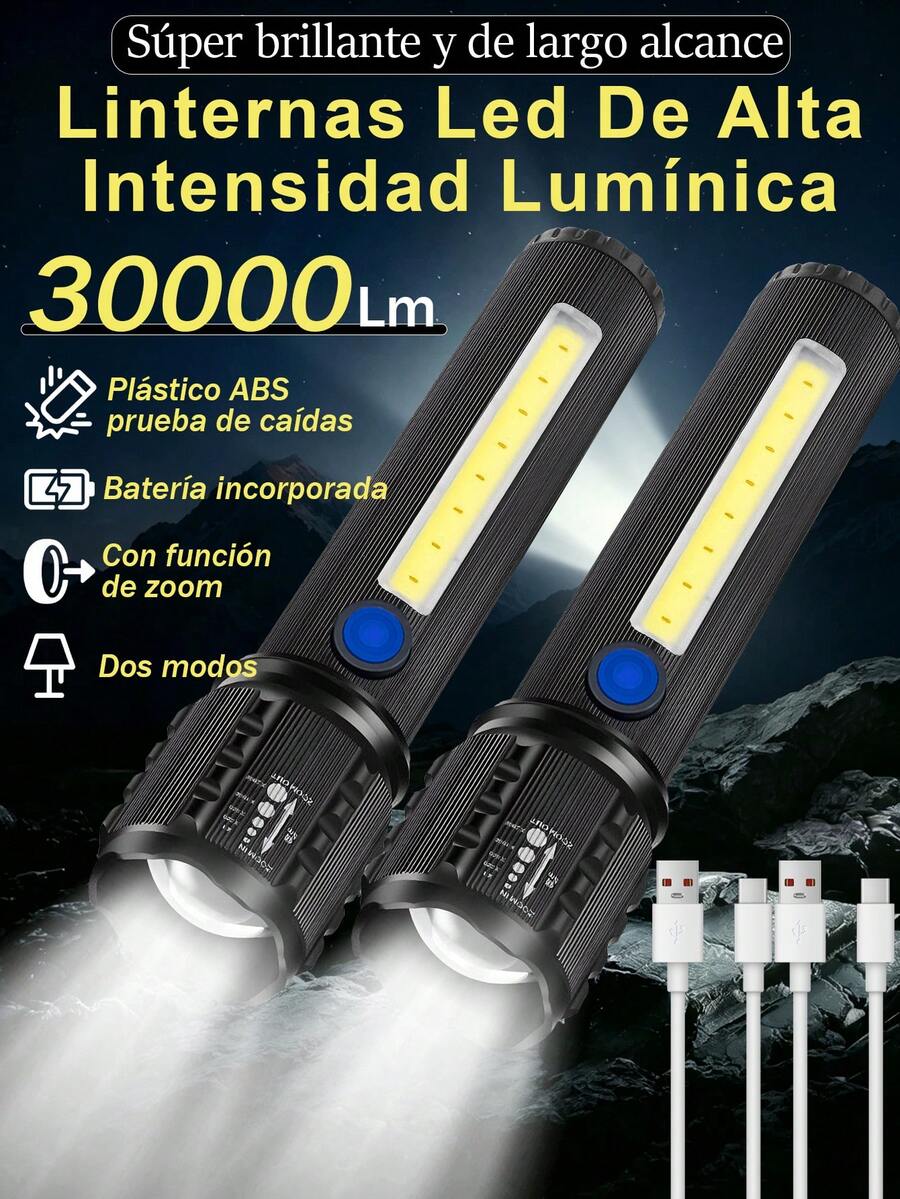 2-Piece High-Power Tactical Flashlight, Multifunctional Portable LED Outdoor Flashlight, Waterproof Flashlight, USB Rechargeable, Powerful Flashlight With Zoom, Long Battery Life, LED Flashlight For Camping, Emergencies, And Outdoor Activities.