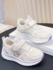 Girls' Spring/Autumn Mesh Breathable Sports Shoes, Lightweight Soft Sole Anti-Slip Hook & Loop White Sneakers, Student Casual Running Shoes - Purple - View 4