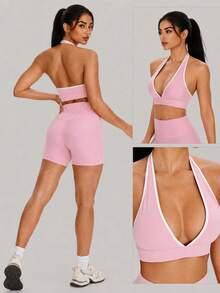 Sodalemon Women's V-Neck Tank Style Sports Bra, Backless Design, Removable Padding, Contrast Color, Running, Fitness, Yoga - Pink - View 7
