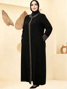 GDfashion Najma 女款大尺碼長款長袍，對比色滾邊與袖口設計，伊斯蘭休閒長袖長袍，黑色，秋季 - 黑色 - 查看 1