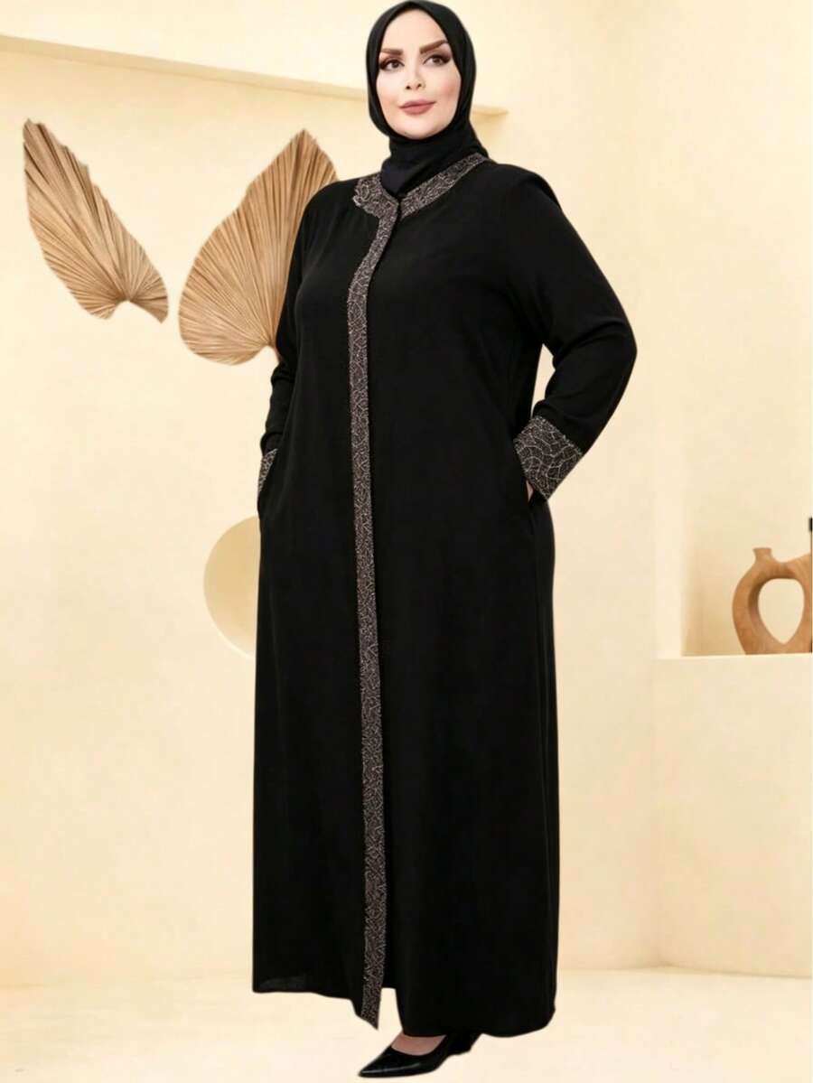 GDfashion Najma 女款大尺碼長款長袍,對比色滾邊與袖口設計,伊斯蘭休閒長袖長袍,黑色,秋季 - 黑色 - 查看 1