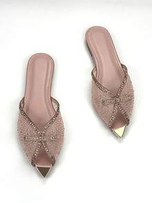 Women's Pointed Toe Buckle Bow Rhinestone Mesh Sandals, Summer Shoes, Flat, Mule, Pink, Gold, Daily, Party - Pink - View 2