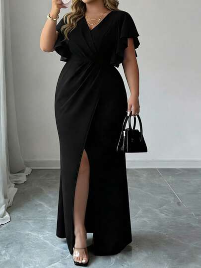 Elegante vestido de noche formal para mujer talla grande, color negro, cuello en V, mangas de murciélago, detalle de envoltura, abertura alta, corte ajustado, efecto de altura, verano