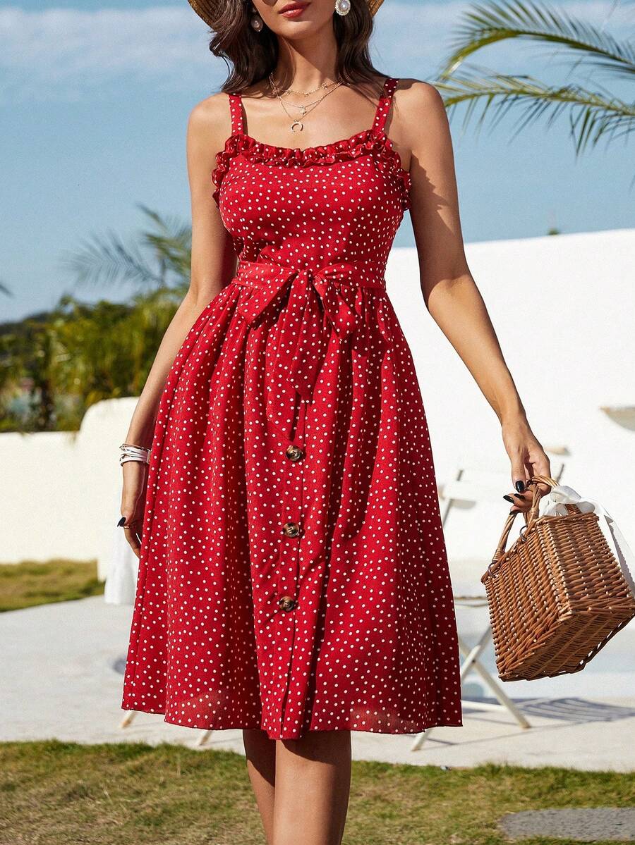 Vestido con volantes y cinturón con estampado de lunares para Año Nuevo, ropa de playa y vacaciones para mujeres - Rojo - Ver 1