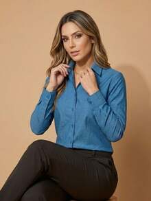 Women's Premium Linen-Style Dress Shirt, Long-Sleeved, Structured, Straight Fit, Plain Polyester With Linen Print - 靛藍牛仔褲 - 查看 3