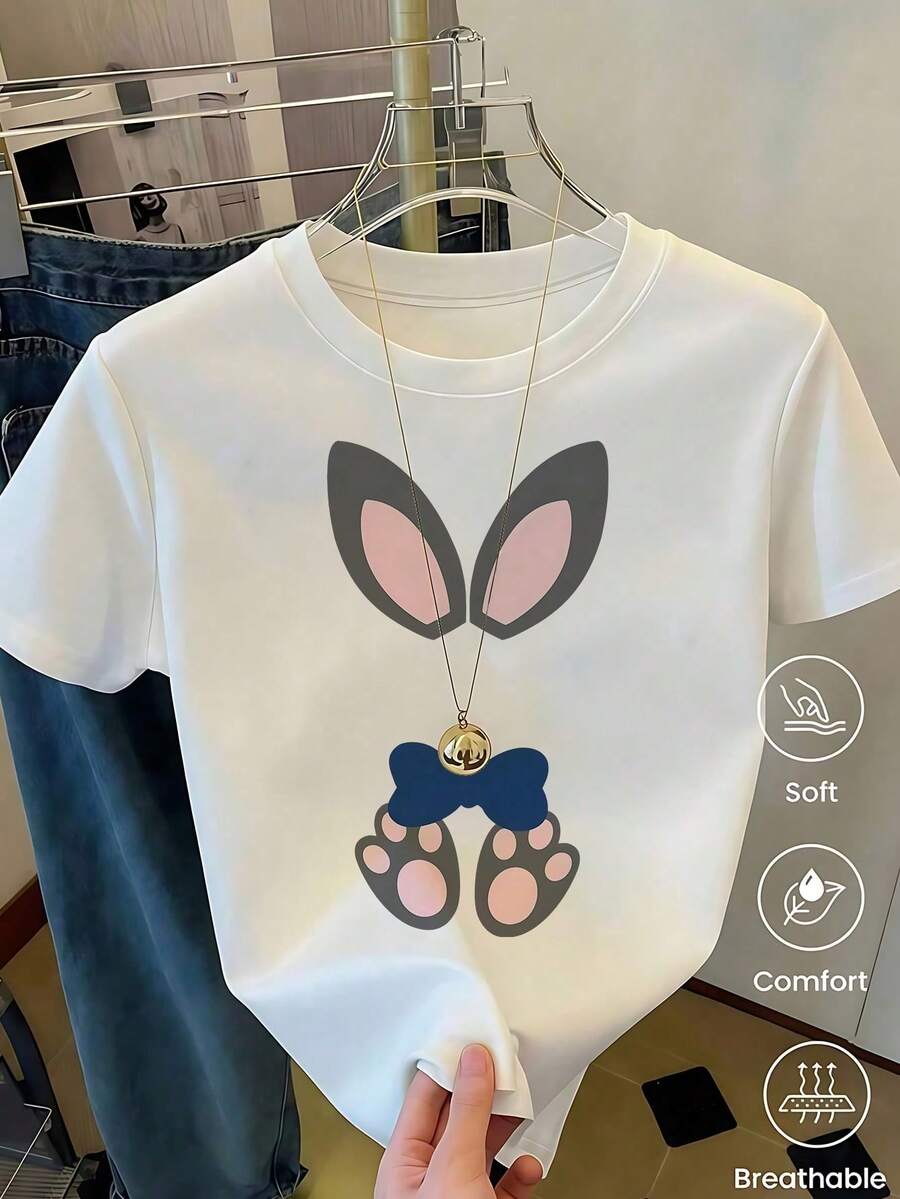 Women's White T-Shirt With Rabbit Ears And Paws In Leopard Print, Fashionable Animal Print T-Shirt, Casual Summer Blouse With Cute Bunny Design, Aesthetic And Fun Top - 玫紅色 - 查看 1