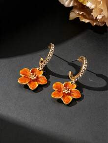 1 Pair Elegant Luxury French Summer Vacation Beach Style Sparkling Handmade Oil-Drip Vibrant Orange Plumeria Pendant Earrings For Women - Orange - View 2