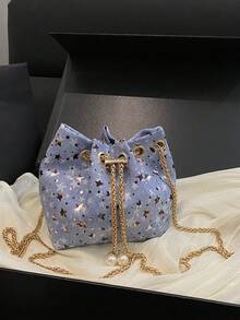Mini New Fashion Straw Woven Gold Chain Drawstring Bucket Bag Beach Bag - Blue - View 5
