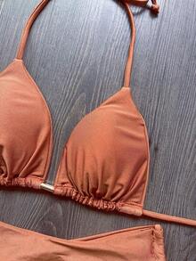 Solid Color Tie-Up Bikini Set, Vacation Beach Summer Brown - Brown - View 4