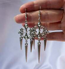 Gothic Silver Earrings With Pointed Filigree - AQ-3741 - View 7