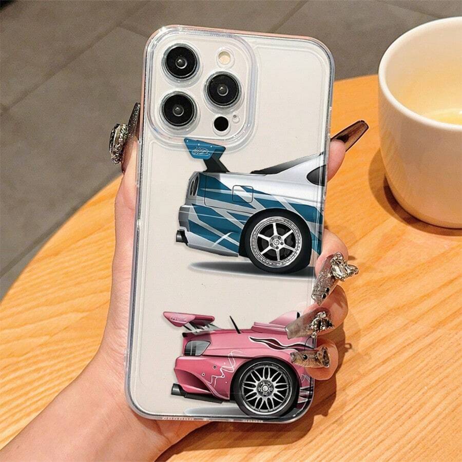 1 pieza Funda de teléfono con patrón de carreras negro & plateado compatible con teléfonos Apple - Multicolor - Ver 1