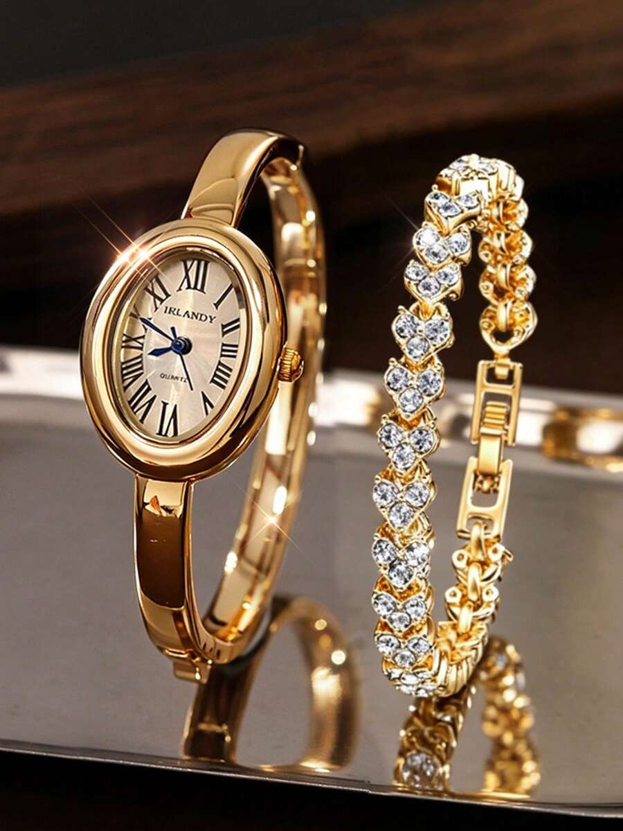 2PCS Fashion Versatile Women's Quartz Watch Bracelet Set, Minimalist Oval Dial, Classic Fashion Non-Adjustable Strap, Paired With Rhinestone Bracelet, Perfect Gift For Holidays, Packaging Box Not Included - Gold - View 1
