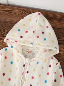 Young Girls' Autumn/Winter Cute Sweet Fuzzy Thermal Lined Warm Jacket, Colorful Polka Dot Front Zipper Design Hooded Coat, Skin-Friendly Soft - Apricot - View 3