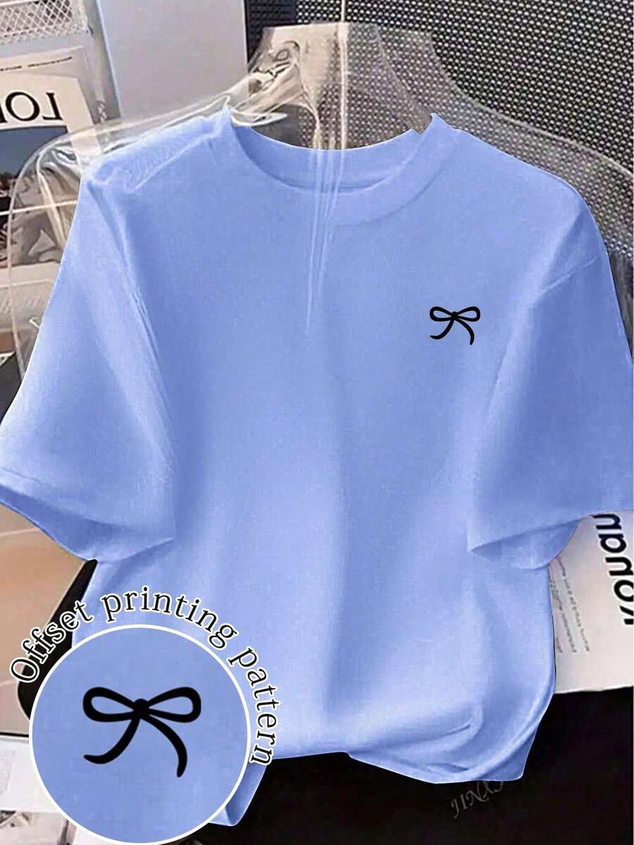 Short-Sleeved T-Shirt With Bow Print, Loose Fit, For Spring/Summer, For Casual Wear - 藍色 - 查看 1
