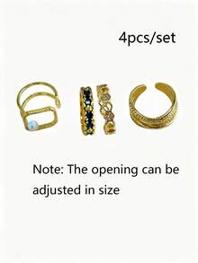 4 Buah Cincin Wanita Emas Berbentuk Persegi Geometris dengan Mutiara & Enamel Biru – Minimalis, Kilauan CZ yang Dapat Disesuaikan, Dapat Ditumpuk/Sendiri, Hadiah/Sehari-hari, Perhiasan Liburan Musim Panas yang Menarik - Emas - View 4